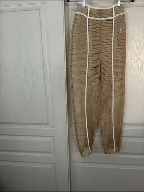 JLUXLABEL Beige Mesh Skinny Pants with White Piping